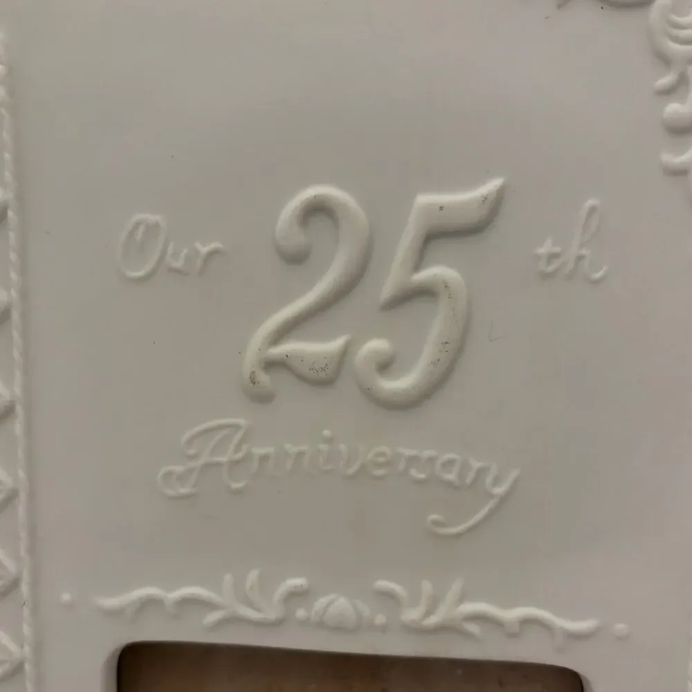 25th Wedding Anniversary Double Picture Frame White Embossed Keepsake Decor
